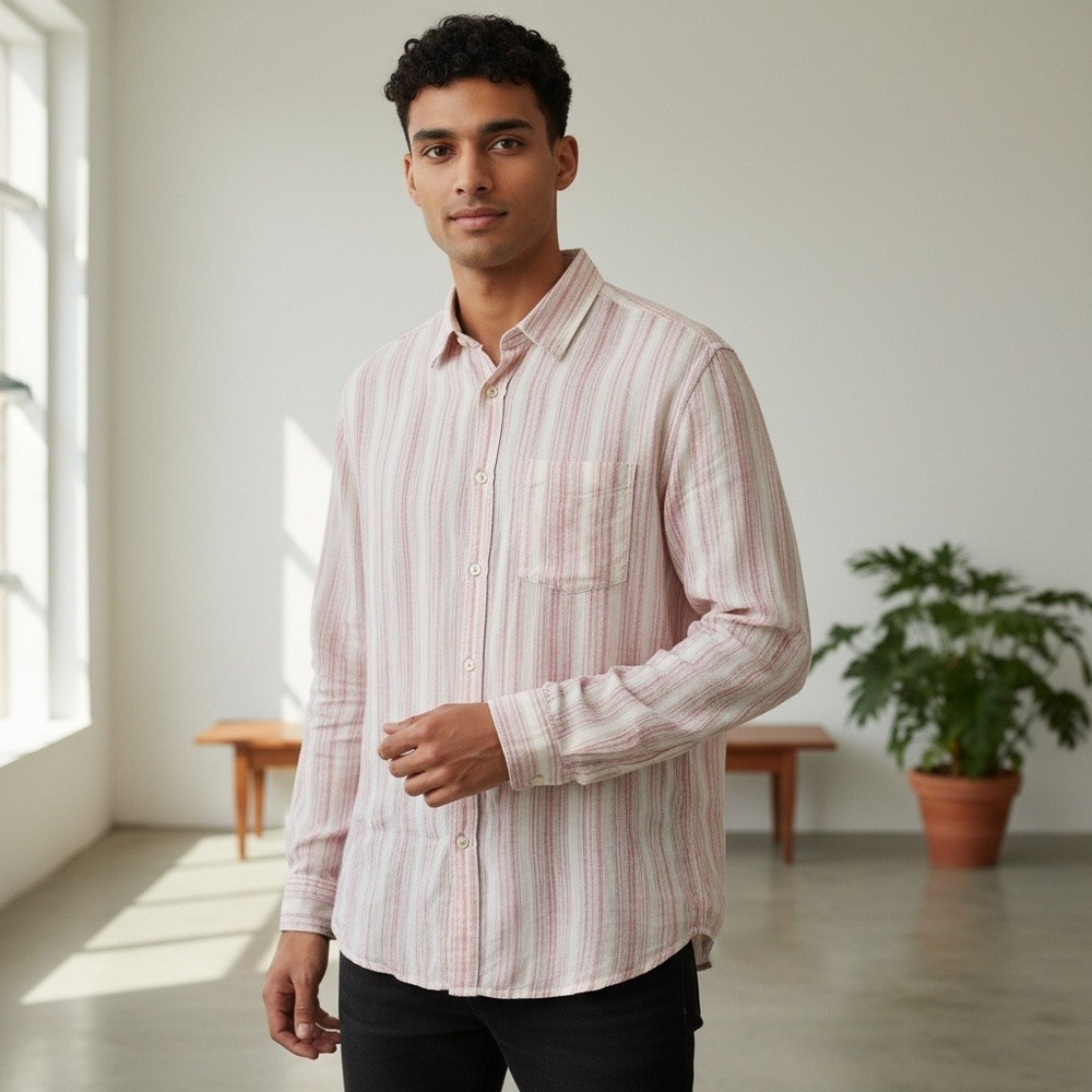 Bugatchi Uomo 100% Linen Button Up Mens Striped Shirt Travel Cruise Size Medium - Picture 1 of 10